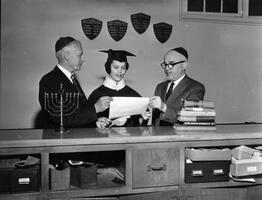 Member of first graduating class Sura (Schreiber) Katz with President Samuel Belkin, Max Stern