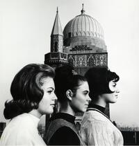 Profiles of three students against backdrop of tower of main building on uptown campus