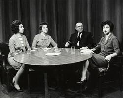 Rabbi Emanuel Rackman, Dean Elizabeth Isaacs, and students appearing on Jewish Heritage television show