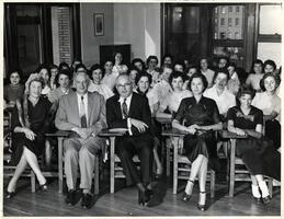 Students of first entering class in classroom with President Samuel Belkin, Ghity and Max Stern, Registrar Cecile Feder, Gloria Stern