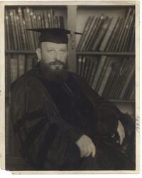Portrait of President Bernard Revel in cap, gown
