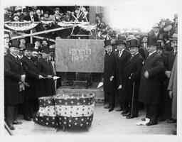 Dignitaries participating in cornerstone laying ceremony for Yeshiva College