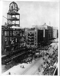 View of crowds on Amsterdam Avenue looking north at cornerstone laying ceremony for Yeshiva College