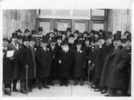 Dignitaries and rabbinic leaders outside main building on Yeshiva College's new campus at the dedication ceremony