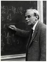 Nobel Prize in Physics winner Paul A. M. Dirac lecturing at Yeshiva University's Belfer Graduate School of Science